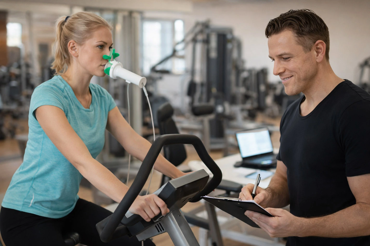 Trainer und Mitglied bei der Stoffwechselmessung im fit inn Engelskirchen
