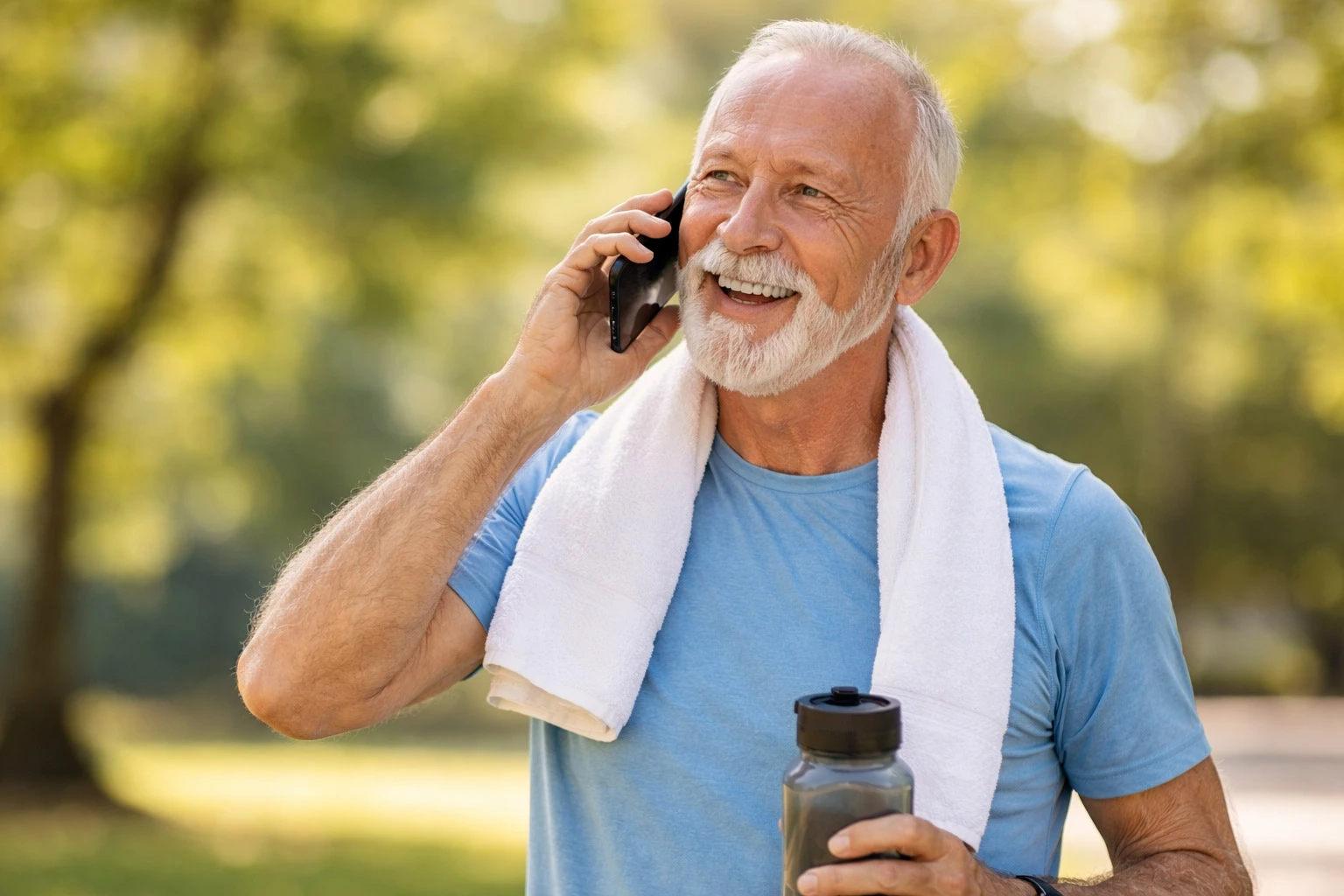 Ein aktiver, älterer Mann der per Handy einen Termin zur Stoffwechselmessung im fit inn Engelskirchen macht