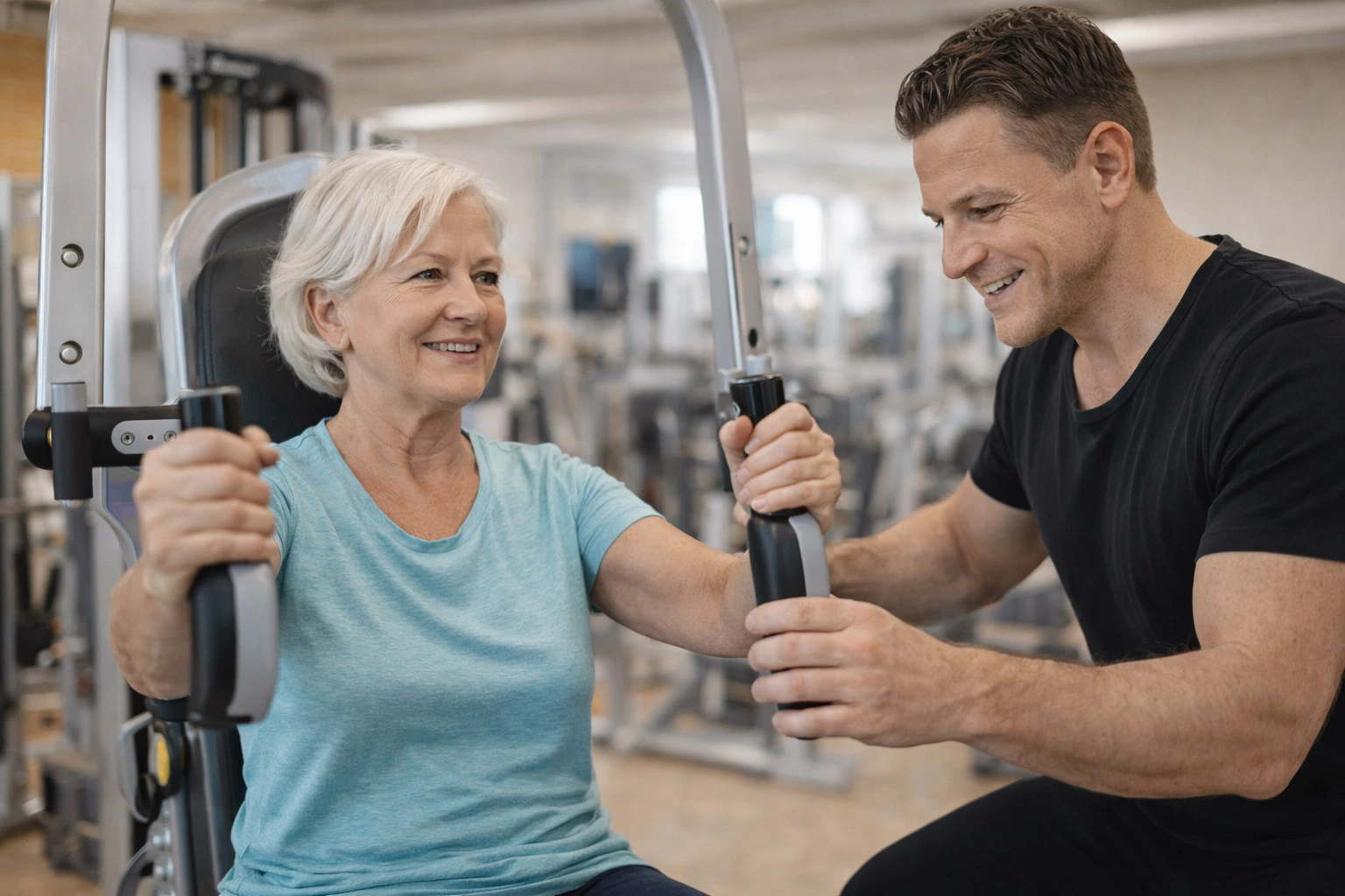 Der Trainer unterstützt ein Mitglied beim Training für gute Gesundheit im fit inn Engelskirchen